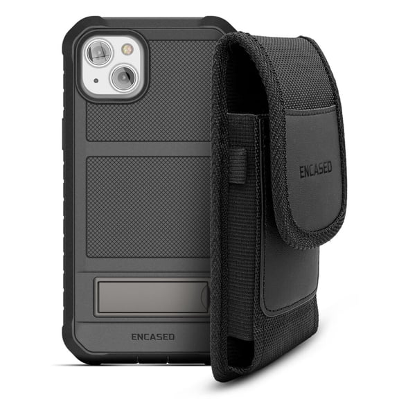 Encased Belt Case Designed for iPhone 14 Case with Built-in Screen Protector, Metal Kickstand and Holster Clip (Phone Holder Pouch) - Black