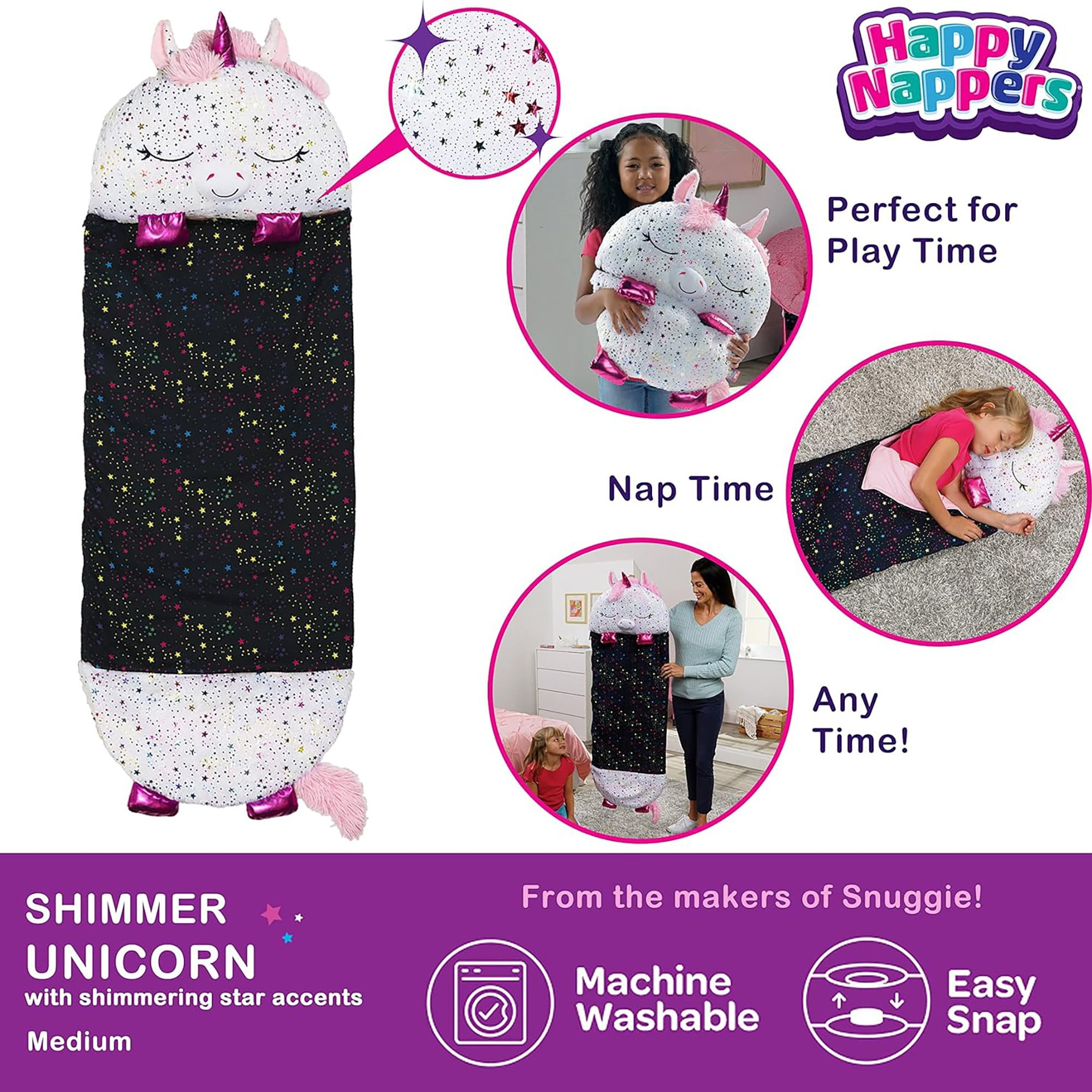Happy Nappers: Pillow & Sleepy Sack: Medium - Shimmer Unicorn - 54 x 20", 2-In-1: Plush Animal Opens To Sleeping Bag, Soft Play & Nap Character, Kids 3+