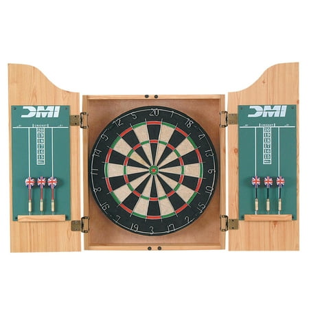 - DMI Sports Deluxe Bristle Dartboard Cabinet Set with Electronic Scorer Includes 2 Dart Sets and a Chalk Scoreboard – Light Oak