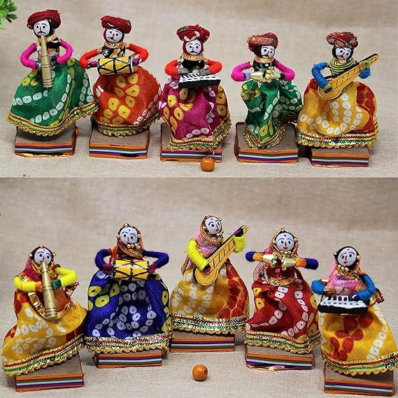Swadeshi Desire Rajasthani Multicolor Musician Bawla Puppets Idol | Set of 10 | (5 Male & 5 Female)