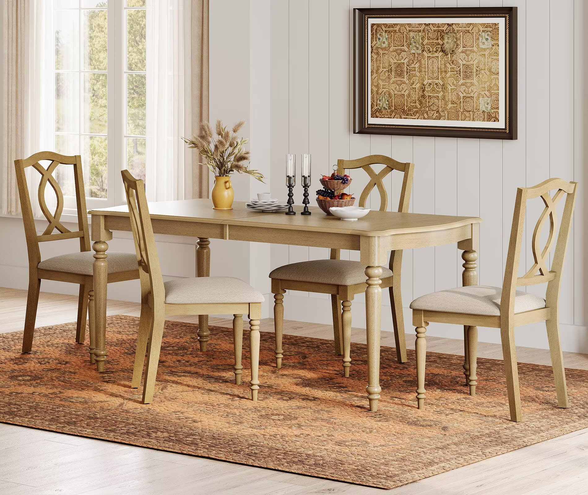 5 Piece Dining Table Set for 4-6 People - Includes One Dining Table, 4 Cross Back Dining Chairs, Rustic Dining Set for Kitchen, Oak