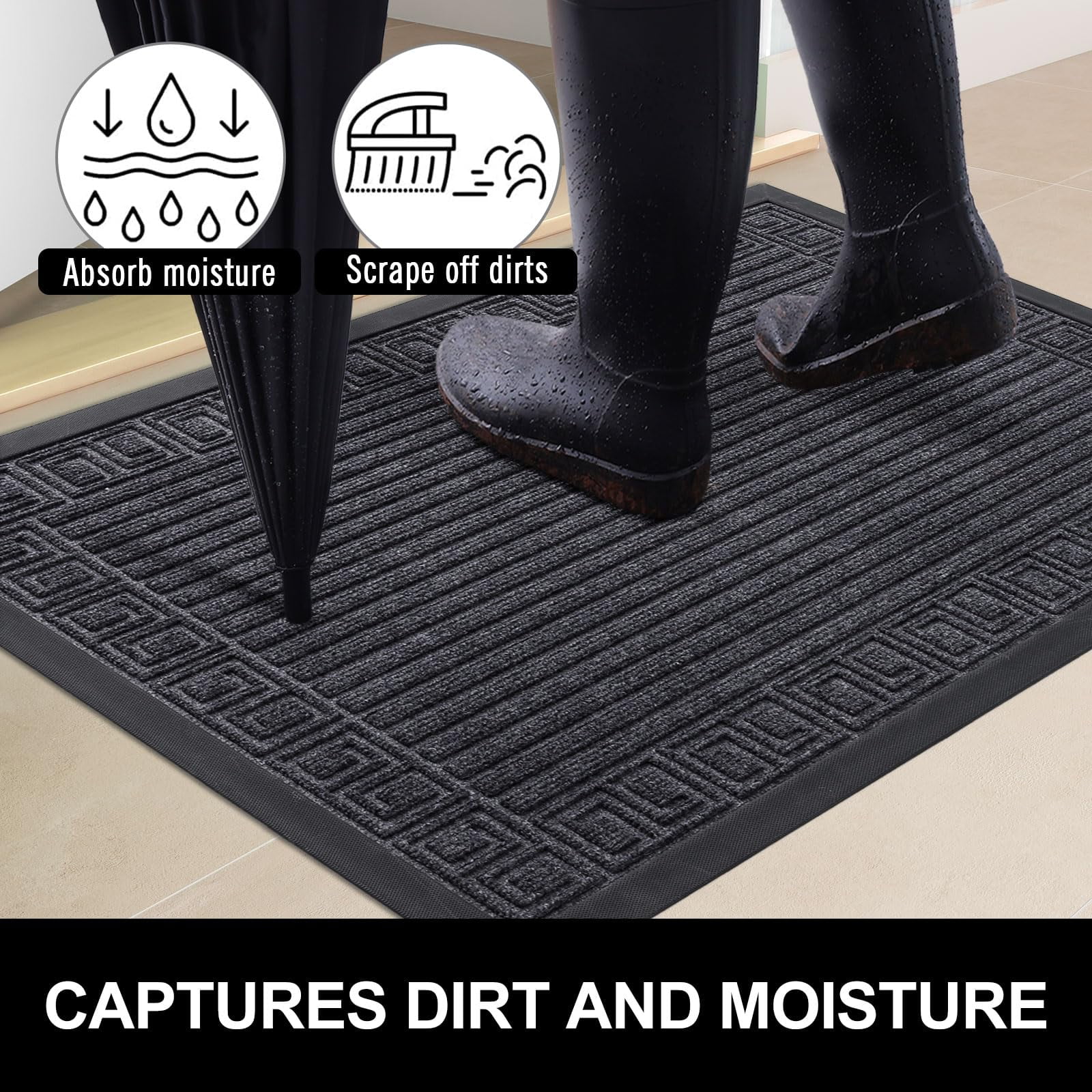 Buganda Outdoor Doormats, Heavy-duty Rubber Door Mats, Absorbs Moisture and Dirt Outdoor Mats, Low Profile Mats for Entry, 36"x24", Grey