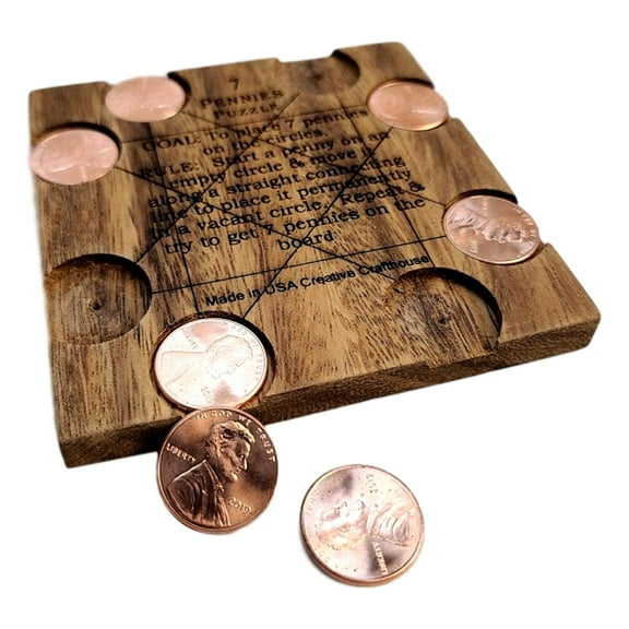 Creative Crafthouse 7 Pennies Puzzle, Wood Desk Logic Teaser and Gift, USA Made
