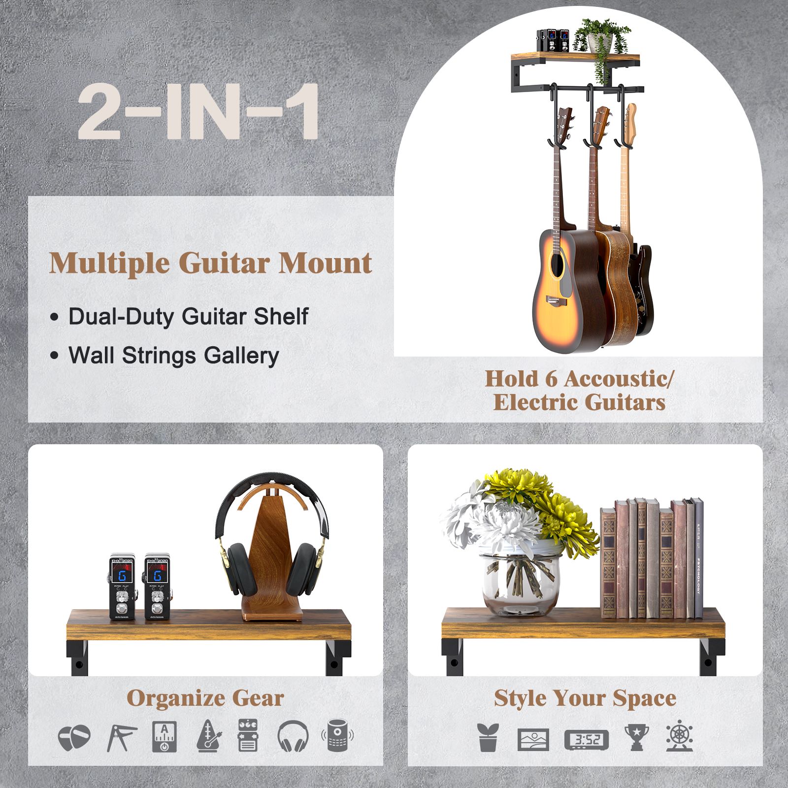 Olakee Guitar Wall Hangers with Mounting Kit — Dual-Twist Hook, Heavy-Duty Steel & Wood Shelf, 3-in-1 Display System, 44lb Capacity