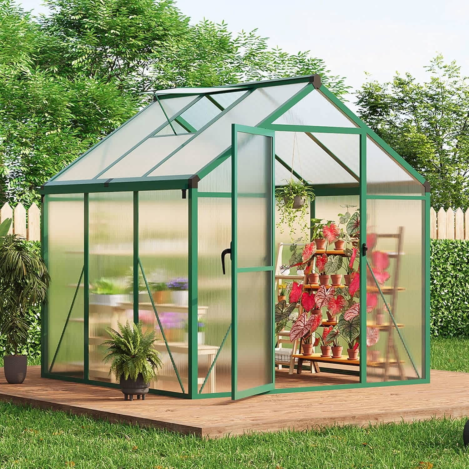 EastVita 6 x 6ft Walk-in Greenhouse Heavy-Duty Aluminum Frame Polycarbonate Panels Easy Assembly Roof Vent Ground Anchors Sliding Lockable Door for Backyard Green