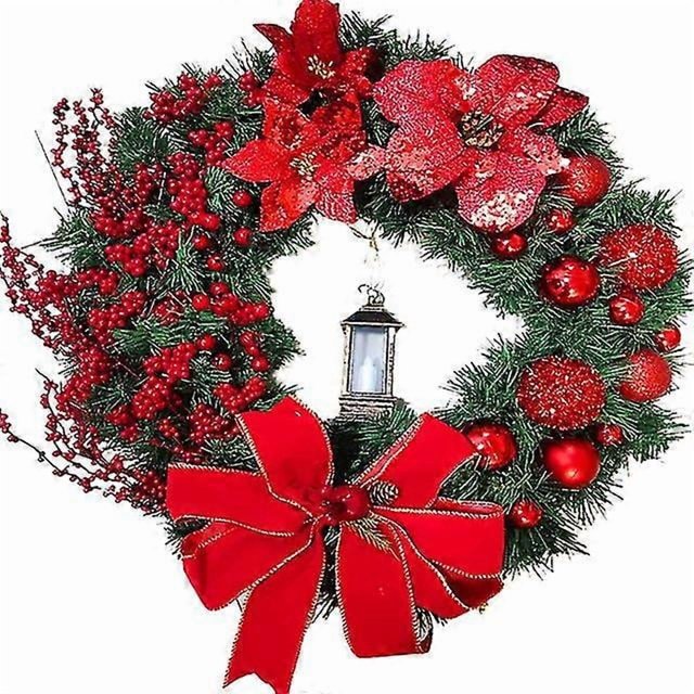 Christmas Wreath With Lamp Bow Ball Big Red Flower Navidad Party Wall Door Window Fireplace Staircase Balcony Garden Wreath