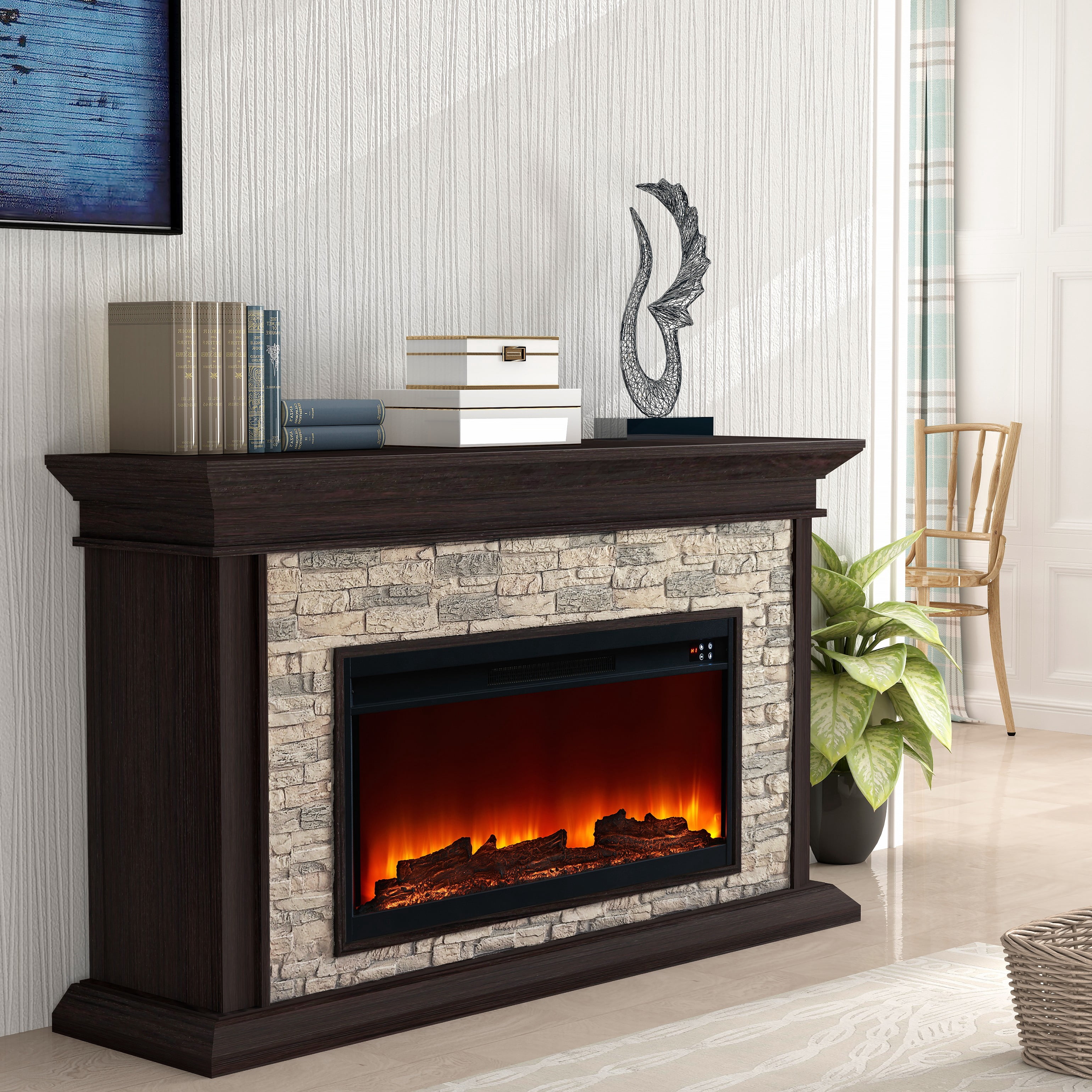 FESTIVO 60" Freestanding Electric Fireplace with Faux Brick Mantle - Brown