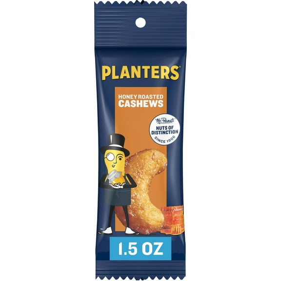 PLANTERS Honey Roasted Whole Cashews, Sweet and Salty Snacks, Plant Based Protein, 1.5 oz Tube