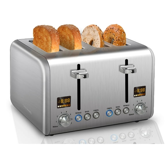 SEEDEEM Tostadora de 4 rebanadas, tostadora de pan de acero inoxidable, pantalla LCD a color, 7 configuraciones de pantalla de pan, tostadora con ranuras de 1.5 '' de ancho con funciones de bagel/desc