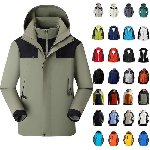 QATAINLAV Men's Zip up Hooded Jacket Casual 3 In 1 Waterproof Warm Coat Windbreaker Hiking Fishing Cycling Outerwear Army Green,L