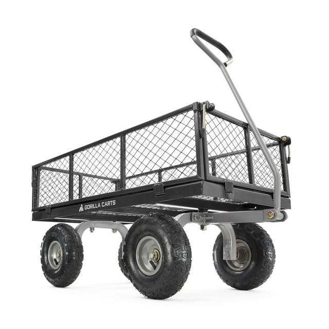 Gorilla Carts Steel Utility Cart with Removable Side Panels, 800 lb Capacity, Black. Designed for landscaping and garden tools, it features a powder-coated steel mesh bed measuring 38 inches by 20.86 inches, supported by four 10-inch pneumatic tires for all-terrain performance. Includes removable side panels for flatbed conversion and a straight pull handle for easy maneuvering.