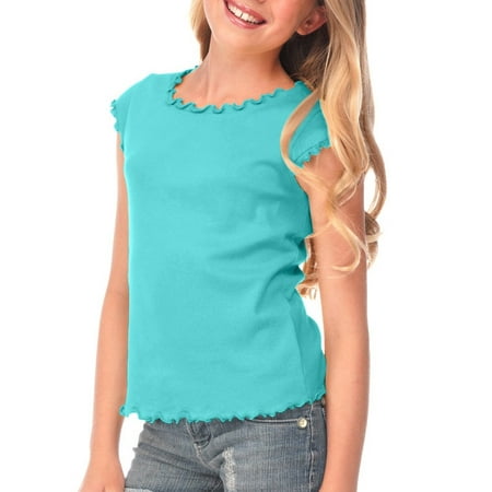 Lettuce Edge Scoop Neck Top - Kavio! Big Girls 7-16 Lettuce Edge Scoop Neck Cap Sleeve Top Caribbean Blue S