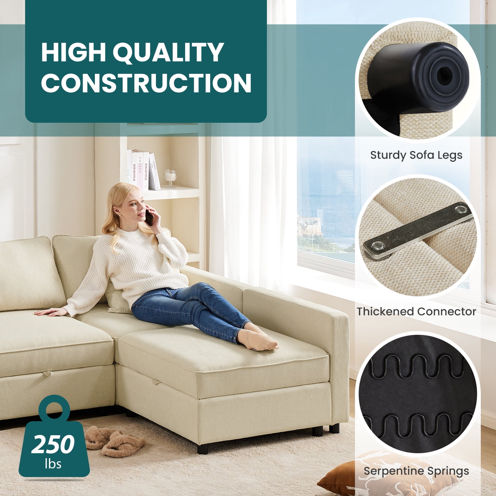 GIANNA Modern Sectional Sofa with 5 Seats 6 Backs, L-Shaped Sofa Set with Storage for Living Room, Beige