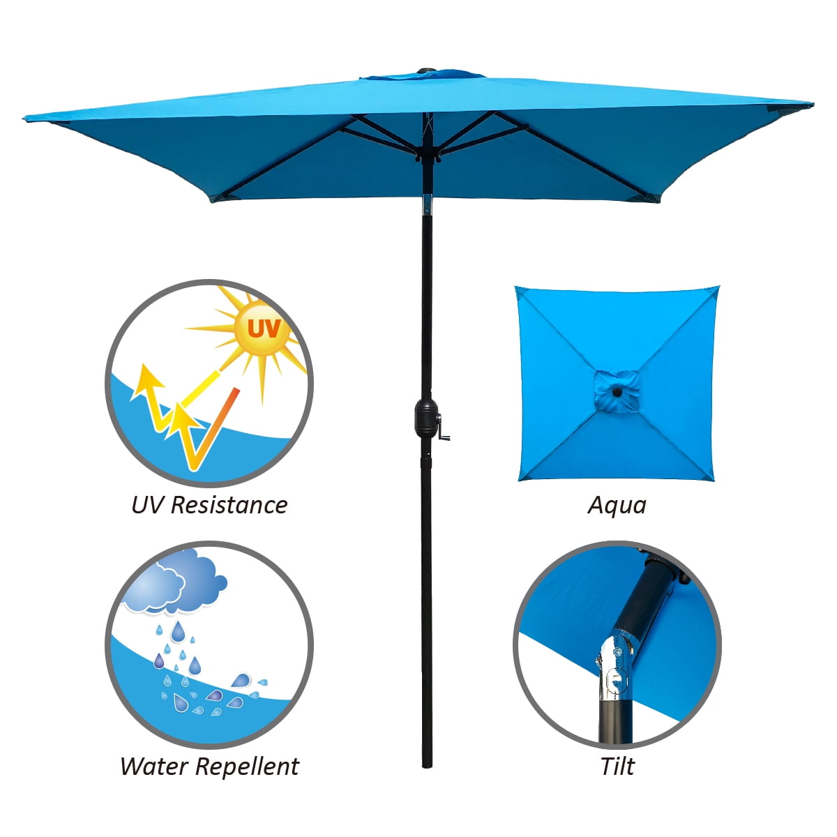 Abble 6.5' Square Aqua Patio Umbrella, Steel Pole, Alloy Tilt