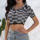 thumbnail image 3 of Blusa corta de punto con cuello vuelto, patrón a cuadros, blusa ajustada de manga corta con un solo pecho, 3 of 8