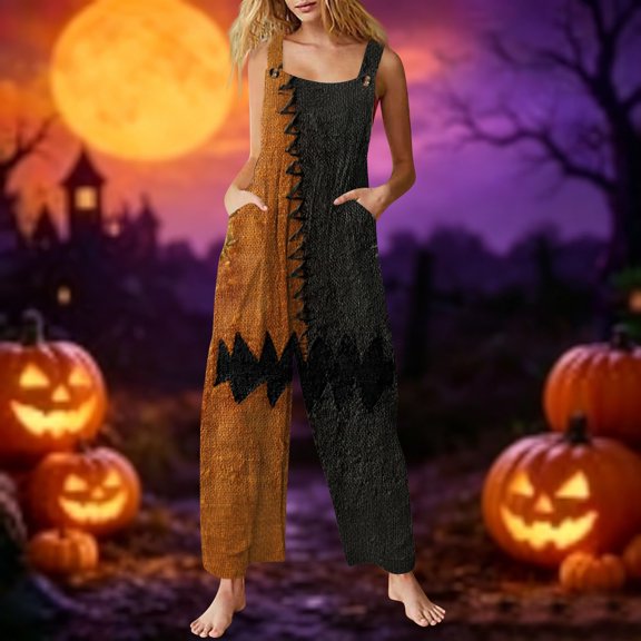 Stralyhd Trick or Treat Womens Overalls Halloween Holiday Sleeveless Jumpsuit Ghost Jumpsuits with Pockets Scary Pumpkin Pattern Wide Leg Trousers Brown XL