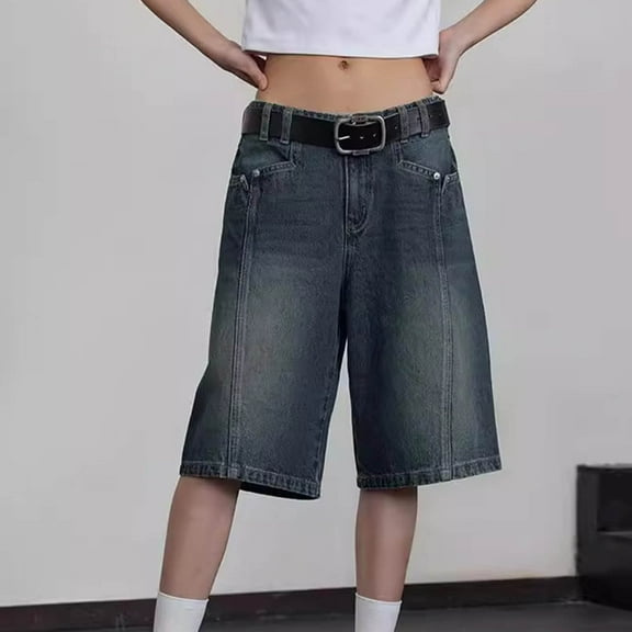 HaoXianJian Women's Casual Long Jean Shorts Wide High Waisted Straight Leg Denim Shorts Stretchy Jean Short Loose Fits with Pockets