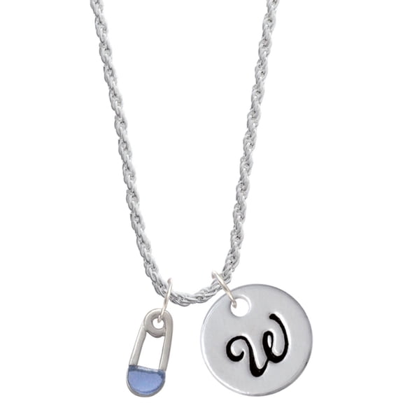 Delight Jewelry Silvertone Blue Baby Safety Pin Silvertone Script Initial Disc - W - Charm Necklace, 20"+3"