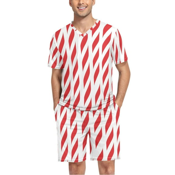 joogoo Men's Pajama Set Christmas Red Pattern V-Neck Pj Shorts Set 2 Piece Loungewear Sleepwear L