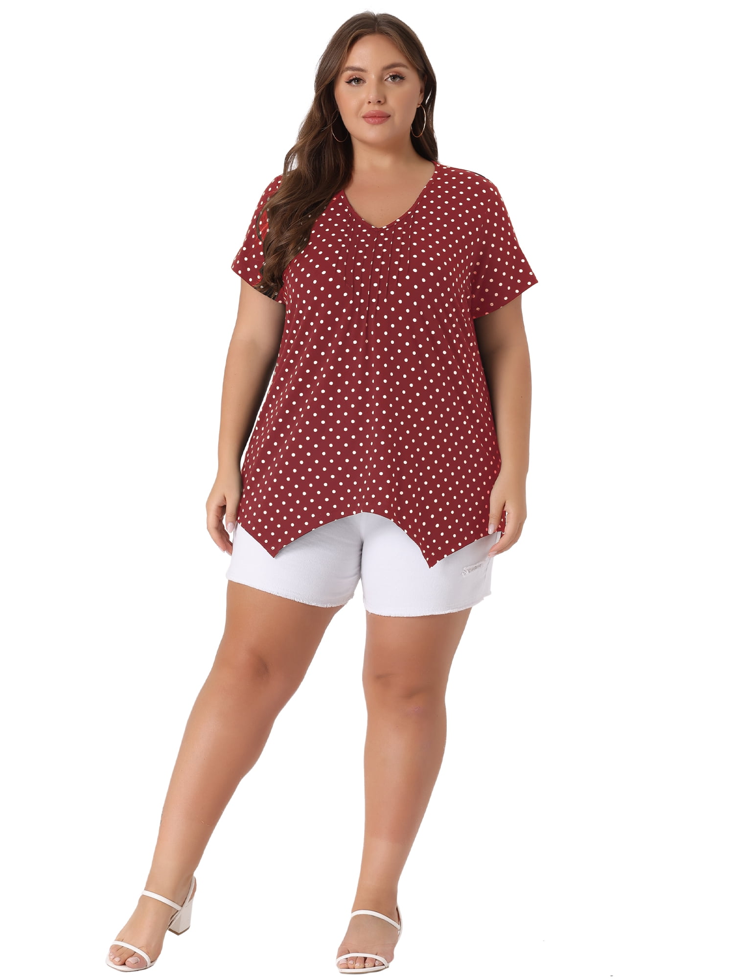 DARING DIVA Women's Plus Size V Neck Pintuck Short Sleeve Polka Dots Top 3X Burgundy