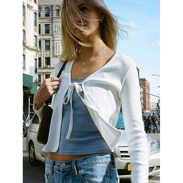 Solid Bow Ribbed T-shirt Women 2023 Spring Sexy V Neck Long Sleeve Tee Shirt Girl Simple Sweet Cute Casual Cotton Y2k Crop Tops