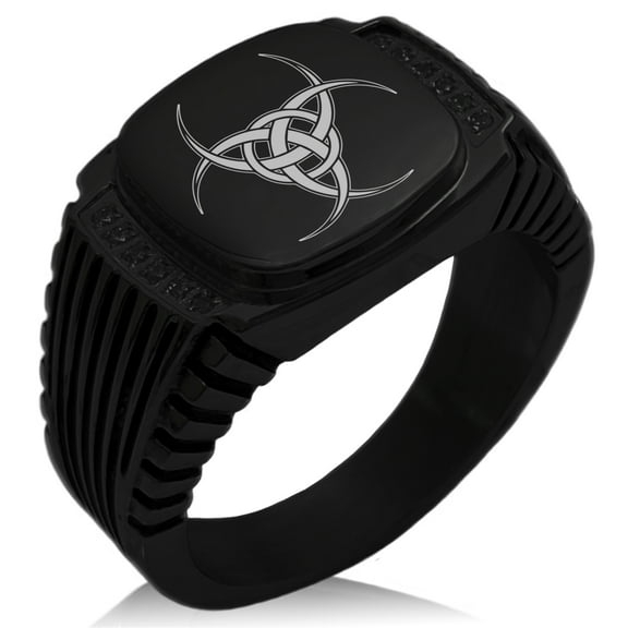 Stainless Steel Interlock Tribal Biohazard CZ Ribbed Needle Stripe Pattern Biker Style Polished Ring