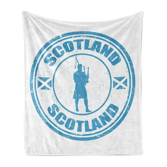 Scotland Soft Flannel Fleece Throw Blanket, Typography and Grunge Stamp with Man Silhouette Playing the Bagpipes, Cozy Plush for Indoor and Outdoor Use, 50" x 60", Sea Blue White, by Ambesonne