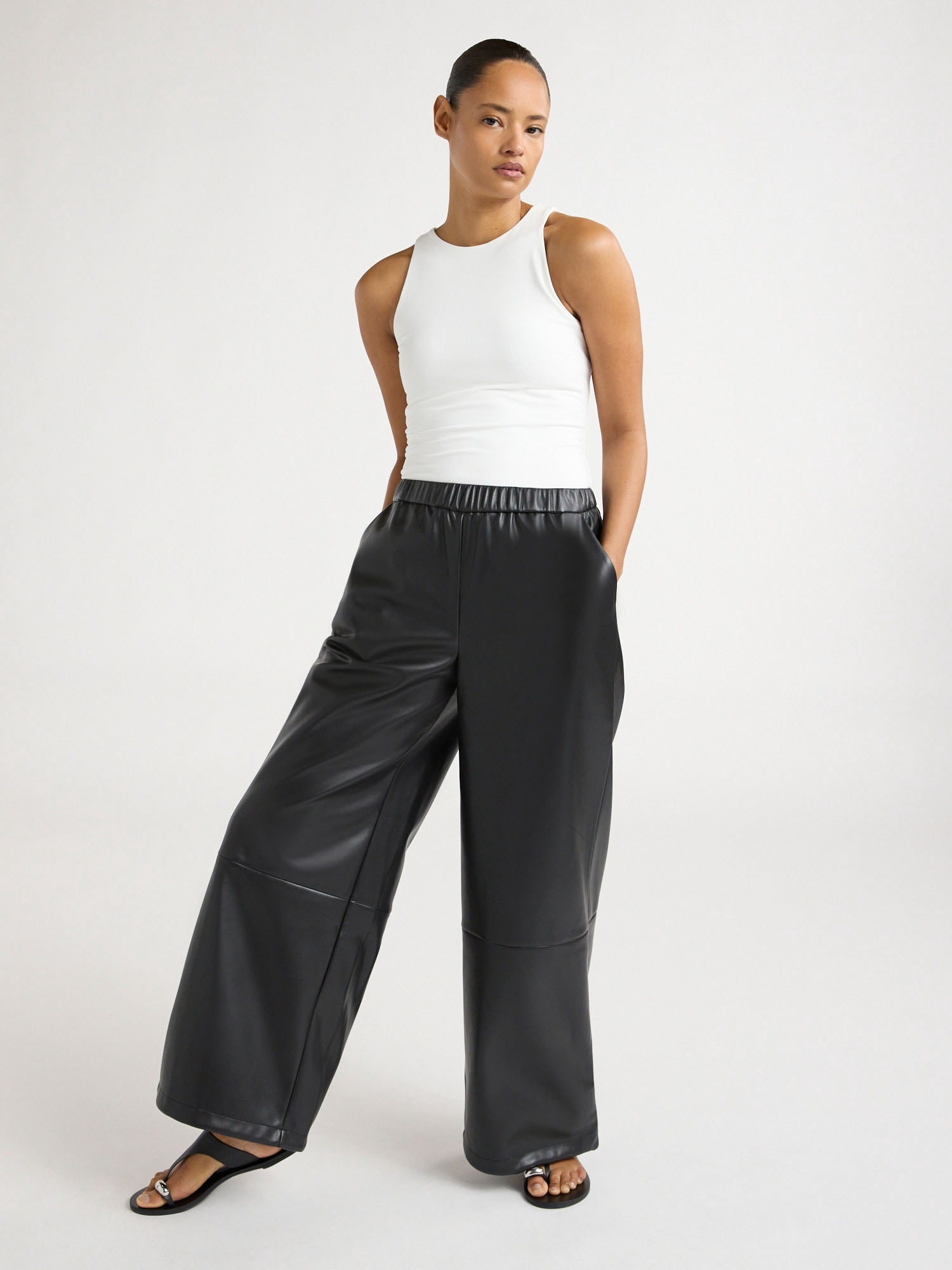 Scoop Women's Faux Leather Wide Leg Parachute Pants with Adjustable Drawstring Hem, 29’’ Inseam, Sizes XS-4X