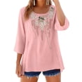 thumbnail image 2 of Embroidered Tops for Women 3/4 Sleeve Boho Tops Cotton Linen Plus Size Crewneck Tunic Peasant Blouses Pink L, 2 of 4