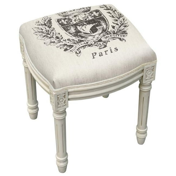 Grey Paris Crest Upholstered Wooden Vanity Stool, Antique White