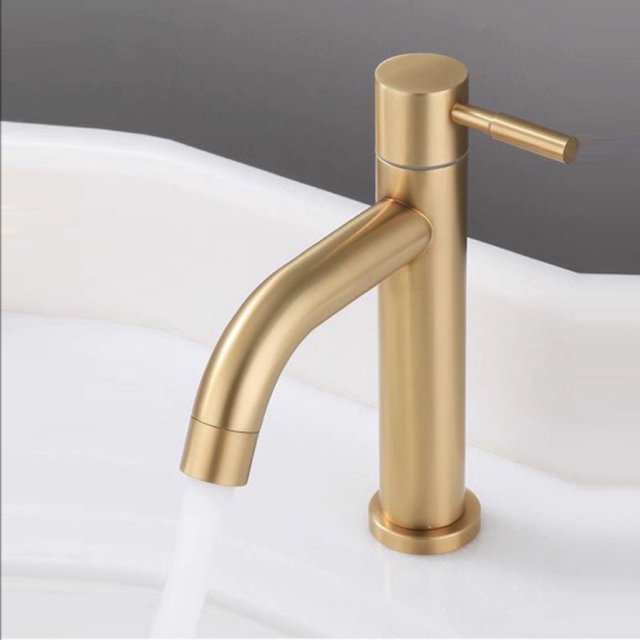 Grifo monomando para lavabo de baño con acabado dorado cepillado, material 304