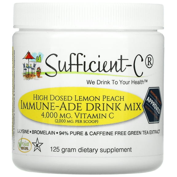Sufficient-C® High Dose Non-GMO Vitamin C Lemon Peach Immune-Ade Drink Mix, SMALL 125 gram size - Collagen, Thyroid, Adrenal, Blood Pressure & Cold Sore Support - Stomach Friendly