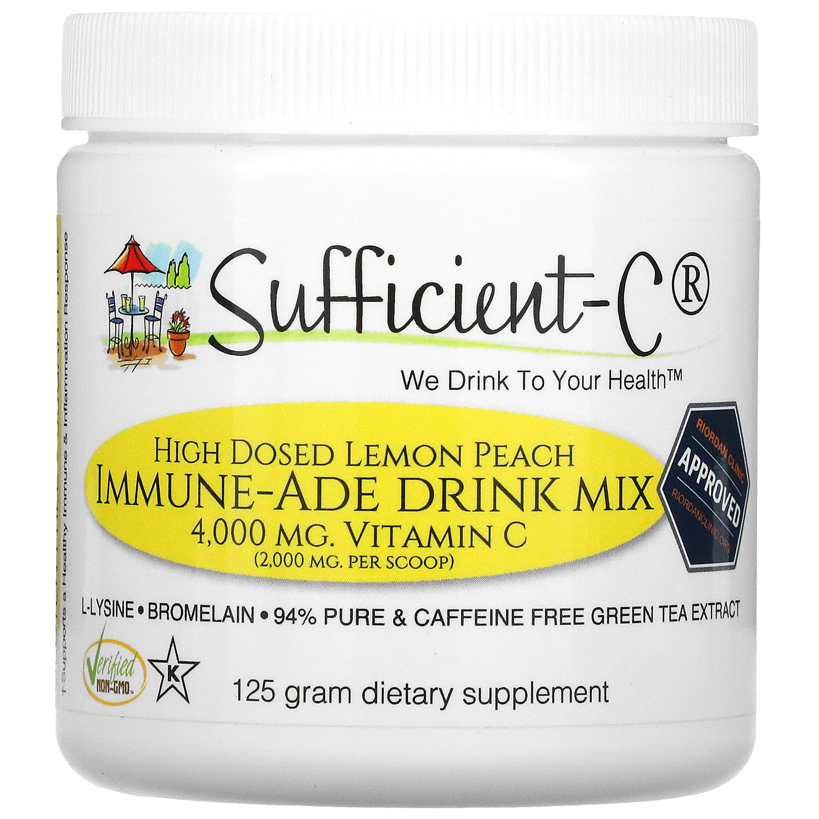 Sufficient-C® High Dose Non-GMO Vitamin C Lemon Peach Immune-Ade Drink Mix, SMALL 125 gram size - Collagen, Thyroid, Adrenal, Blood Pressure & Cold Sore Support - Stomach Friendly