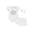 thumbnail image 2 of Aojekbee Baby Girl Summer Outfits Flower Embroidery Ribbed Short Sleeve Rompers Solid Color Shorts Headband 3Pcs Clothes Set, 2 of 10