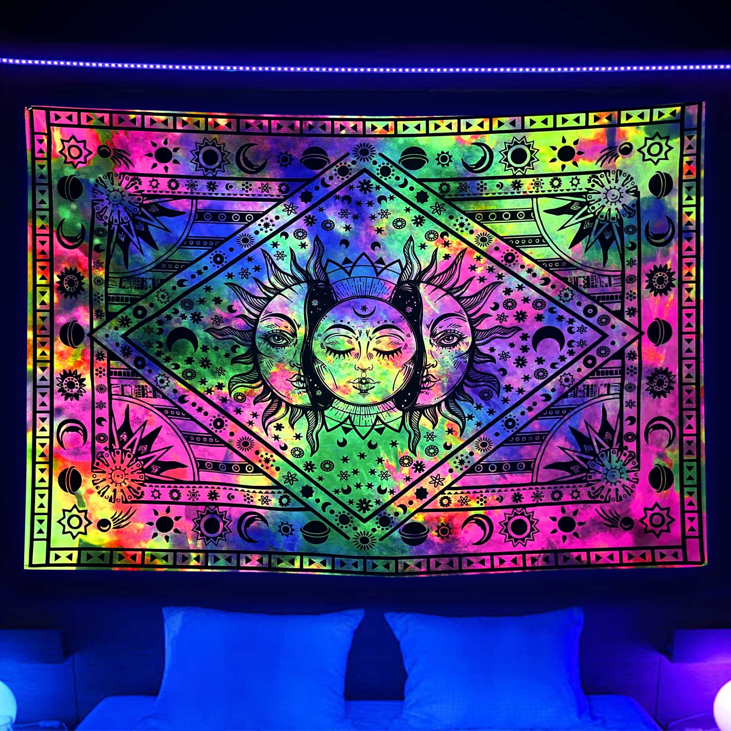 Black Light Sun and Moon Tapestry Colorful Wall Tapestries, UV Reactive Boho Tapestry Art Print Wreath Design, Blacklight Bohemian Wall Home Decoration for Bedroom,Living Room,Dorm 60X40 inches