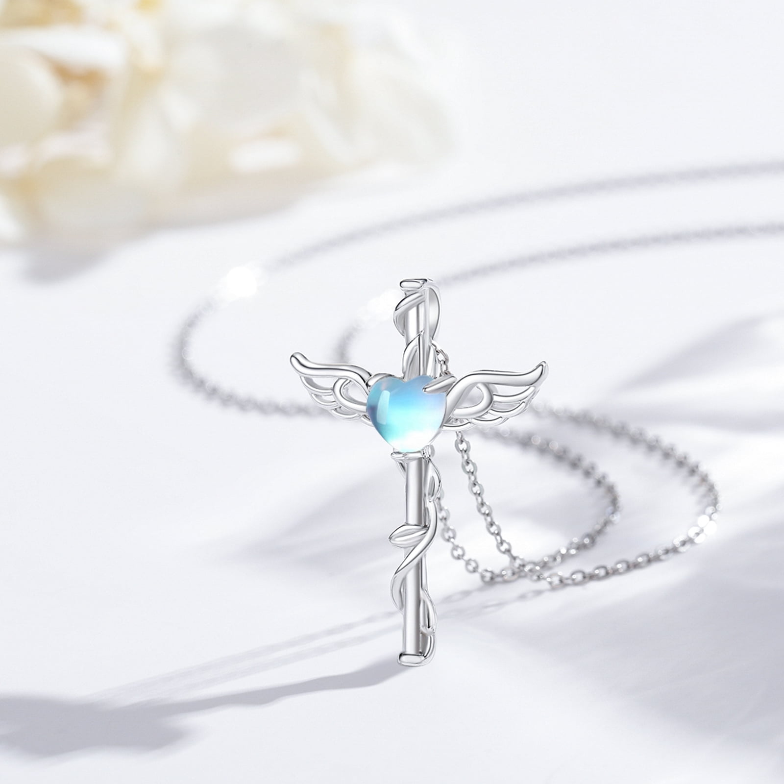 Coachuhhar Angel Wing Cross Necklace 925 Sterling Silver Moonstone Cross Crucifix Pendant Necklace Guardian Angel Wings Necklace Cross Jewelry Gifts for Women