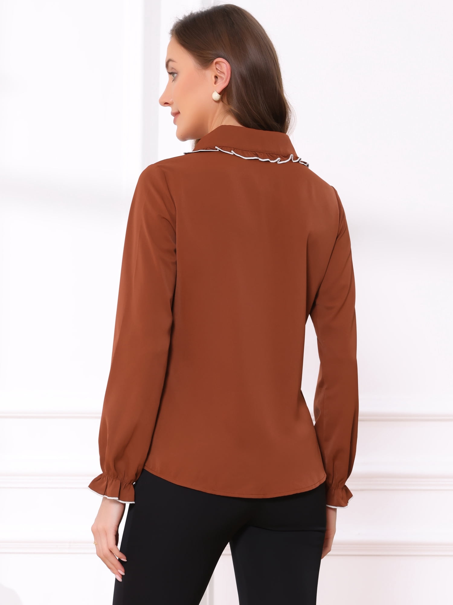 DARING DIVA Women's Long Sleeve Peter Pan Collar Button Down Blouse L Brick Red