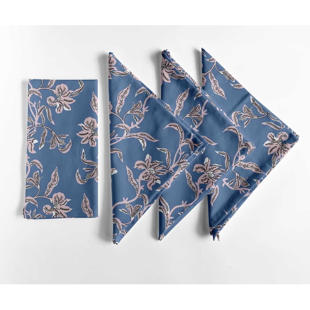 Vargottam Designer Cotton Canvas Napkins - Set of 12, 20-Inch, Blue Leaves Print, Durable & Absorbent Cloth Napkins for Dining, Parties, and Home Decor - Machine Washable