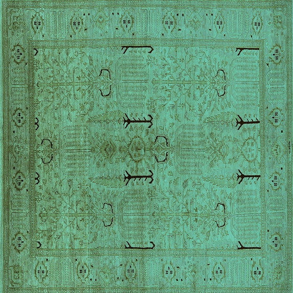 Ahgly Company Machine Washable Indoor Square Oriental Turquoise Blue Industrial Area Rugs, 8' Square