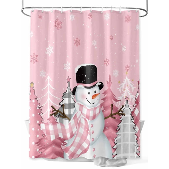 Pink Snowman Christmas Extra Long Shower Curtain Set, Waterproof Shower Curtains for Bathroom, Winter Snowflake Xmas Tree Pink Grey Plaid Washable Fabric Curtain for Bathtub with Hooks 72x96 Inches