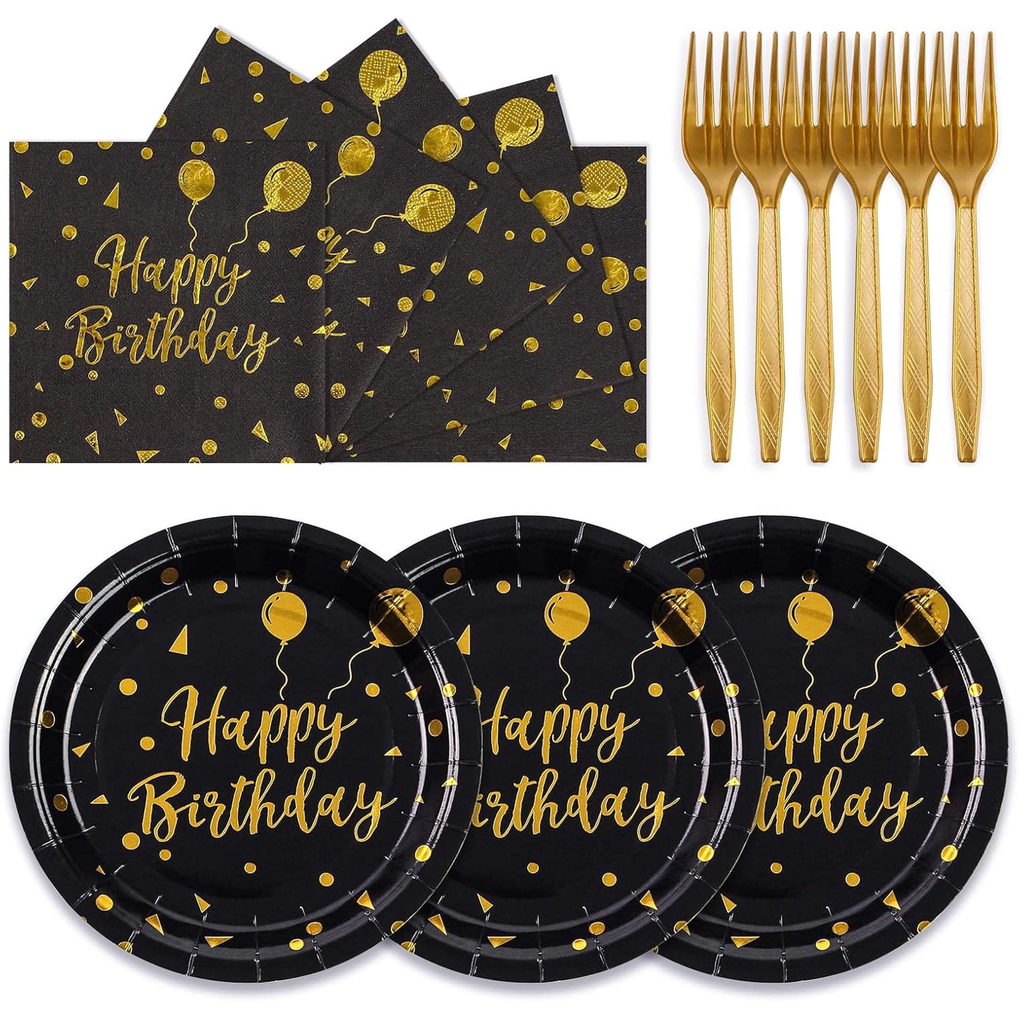 AP 75PCS Happy Birthday Paper Plates - 7 Inch Black Gold Dot Paper Plates and 6.5 Inch Napkins with 6.3 Inch Gold Forks Disposable Tableware Set for Birthday Party Decorations Serves 25