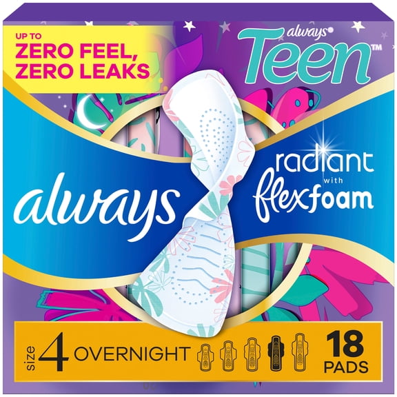Always Radiant Teen with FlexFoam Pads, Size 4, Overnight, Wings, 18 CT