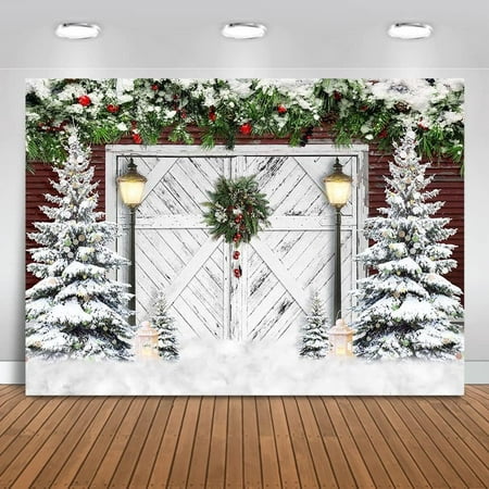 Image of Christmas White Wood Door Photography Backdrop Snow Covered Christmas Tree Photo Background Family Kids Holiday Portrait Photobooth Photo Studio Props (7x5ft)