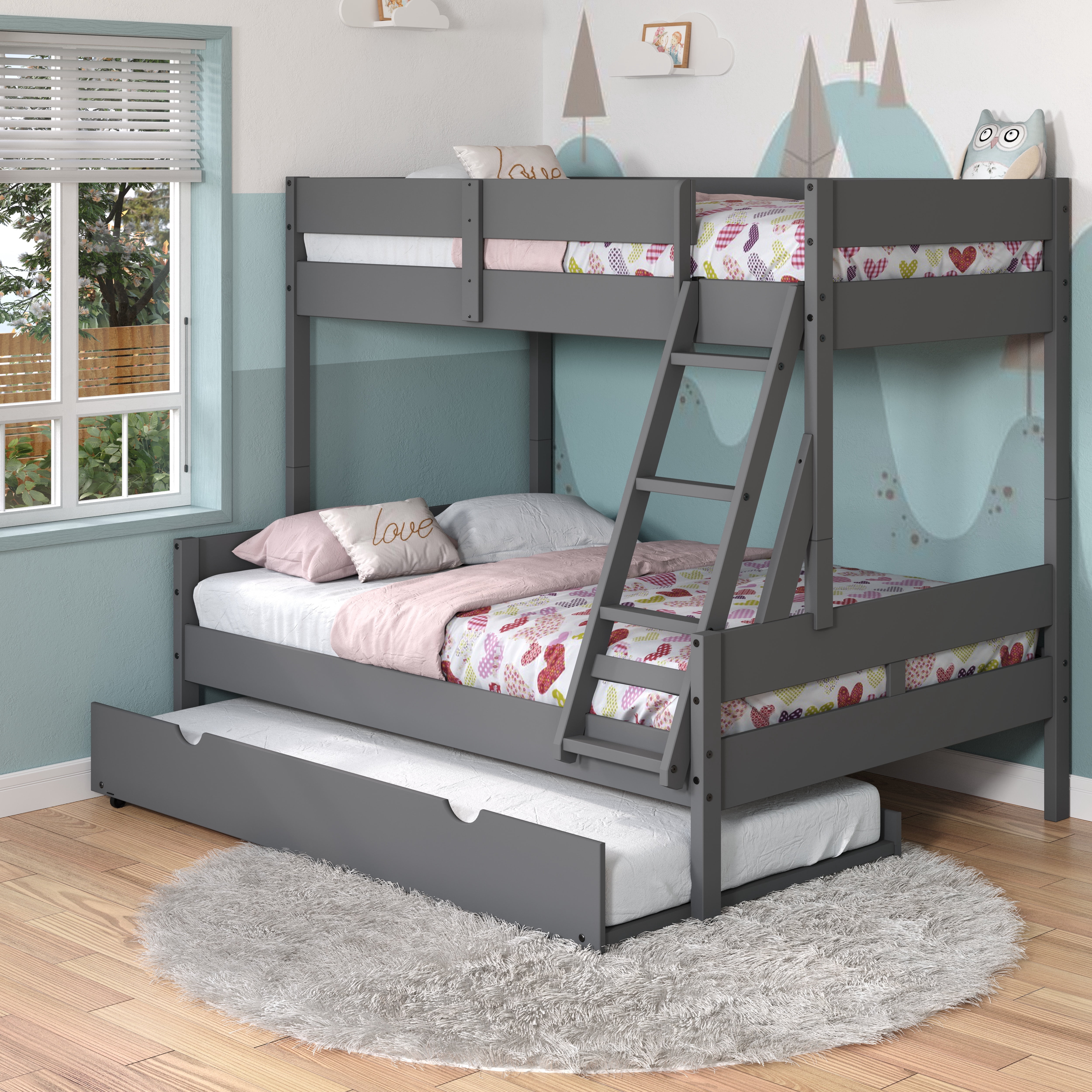 Donco Kids Low Board Panel Twin Over Full Bunkbed with Trundle, Dark Grey