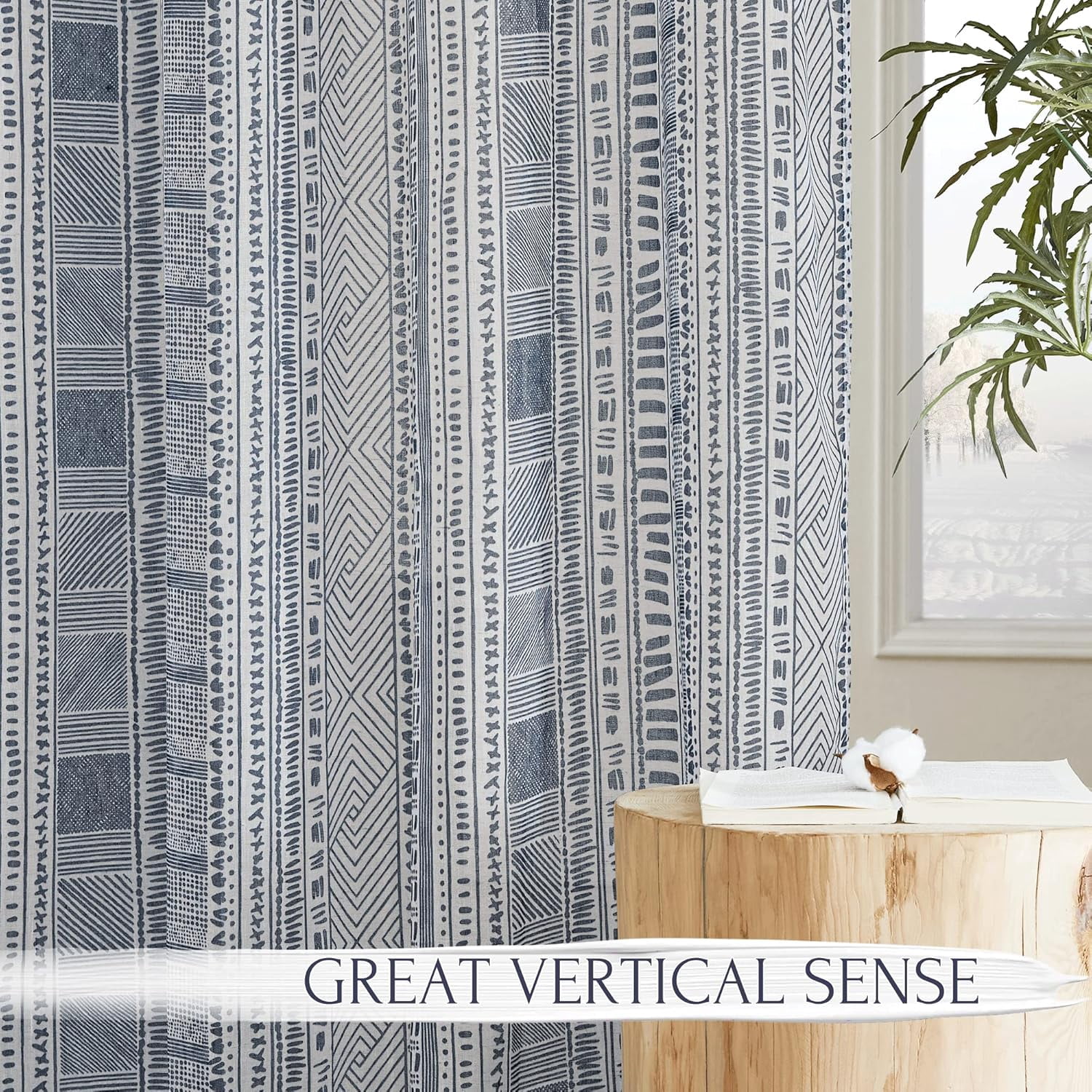 NICETOWN Boho Curtains 84 Inch length 2 panels set, Semi Sheer Linen Curtains Light Filtering Wrinkle Free Country Rustic Farmhouse Grommet Drapes for Bedroom Living Room, Navy Blue, 1 Pair