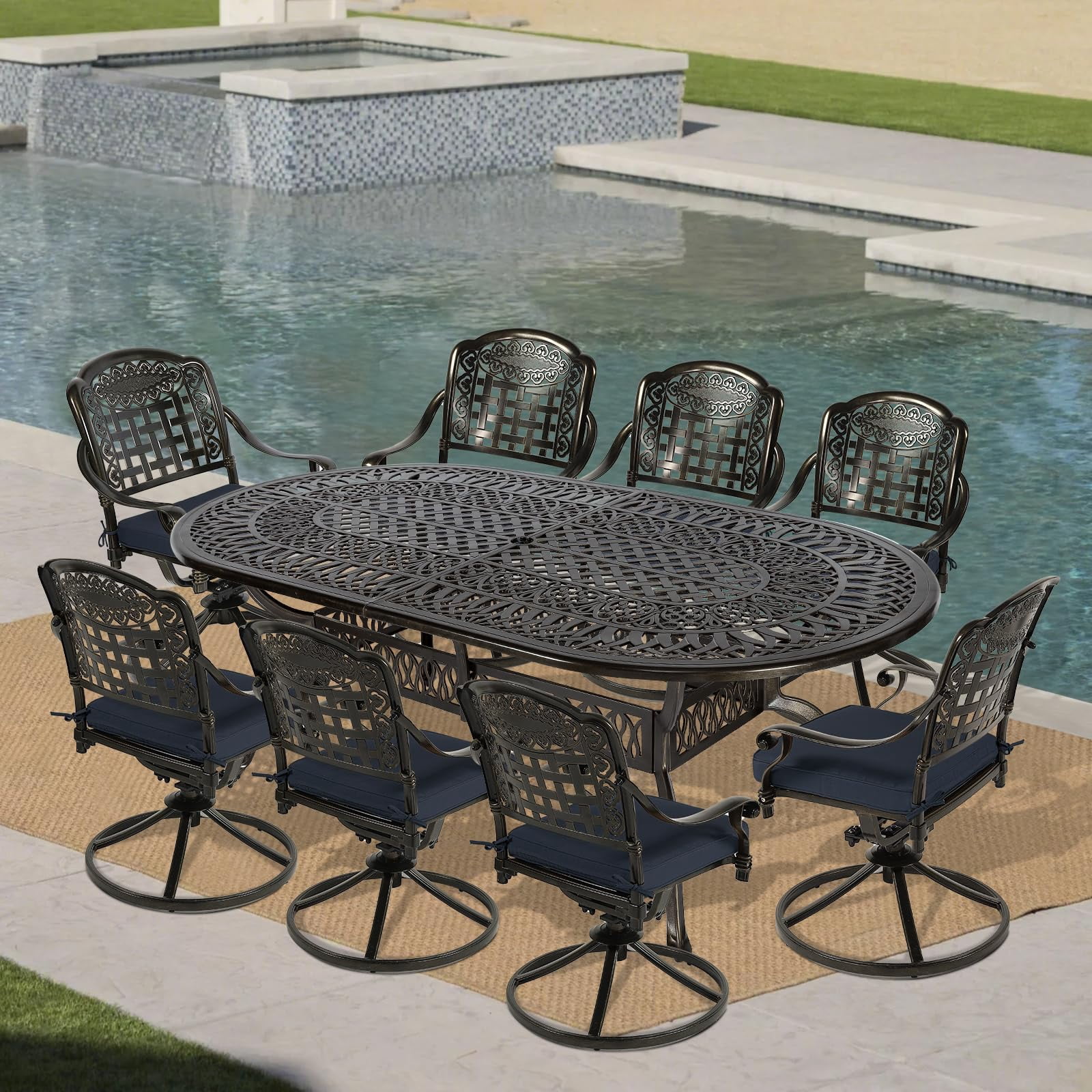 VIVIJASON 9-Piece Outdoor Patio Furniture Dining Set, All-Weather Cast Aluminum Conversation Set, Include 8 Swivel Dining Chairs and an Oval Table with Umbrella Hole, Navy Blue Cushion
