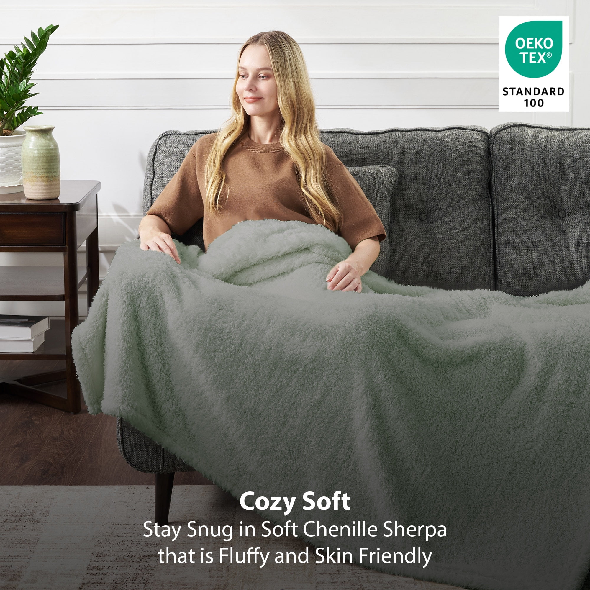 CBCHome Cozy Chenille Sherpa Throw Blanket - Soft, Plush, Fluffy Sofa and Bed Throw, Great Gift for Women, Teens - All Season Home Décor (Desert Sage, 50" x 60")