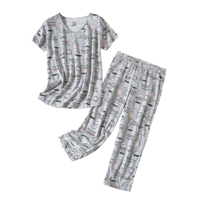 LUXUR Vêtements de Nuit pour Femmes Imprimé Libellule Pyjama Col en V Ensemble de Détente Manches Courtes 2 Pcs Gris TG