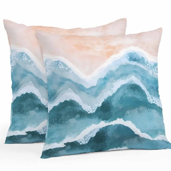 Navy Blue Waves Coastal Throw Pillow Covers 16x16 Inch Set of 2, Teal Ombre Summer Beach Oceans Waterproof Outdoor Pillow Covers, Decorative Cushion Pillowcases for Couch, Sofa, Bed, Garden, Patio