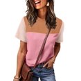 thumbnail image 3 of Blusa WIHOLL de punto rosa de manga corta para mujer a rayas 2XL, 3 of 4